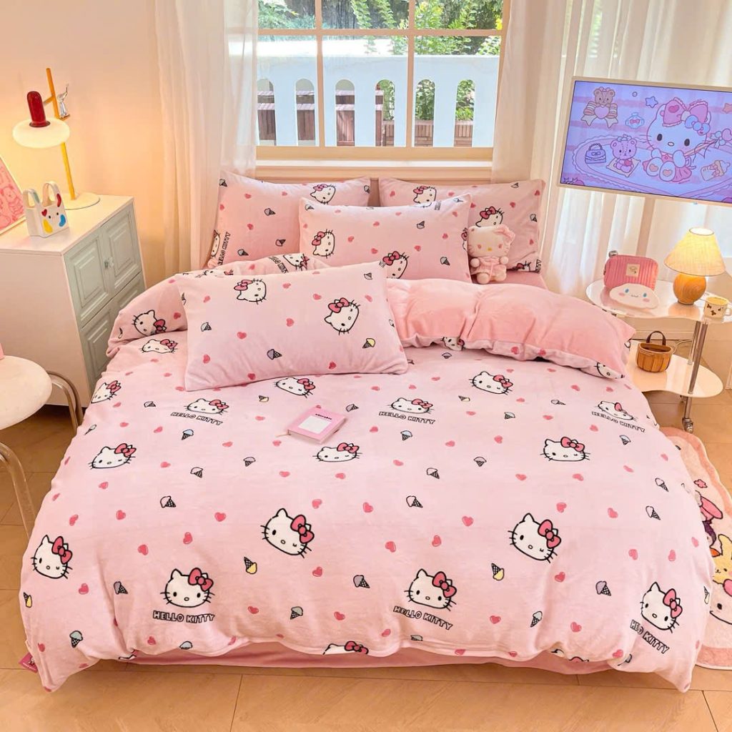 Bộ Chăn Ga Nỉ Nhung Sữa Hello Kitty