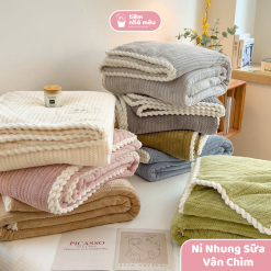 Set Chăn Ga Nỉ Nhung Sữa Cao Cấp Vân Chìm - Có Tách Set
